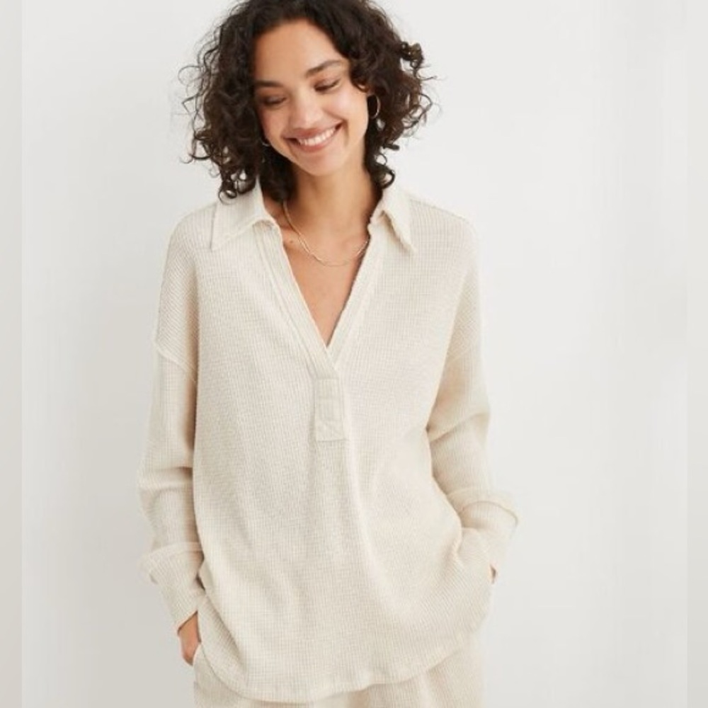 Aerie Waffle-Knit Polo Sweatshirt